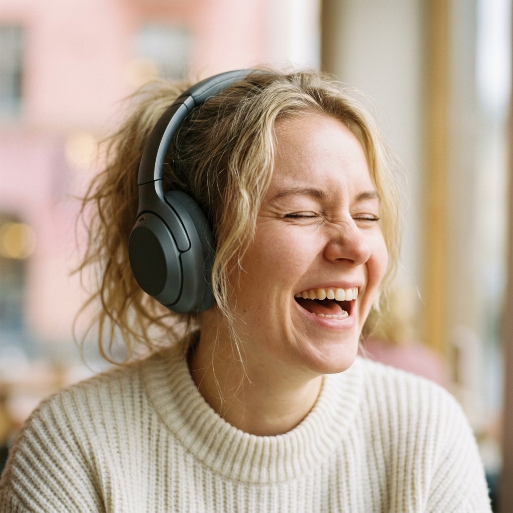 Nainen nauraa kuunnellessaan ääniviestä