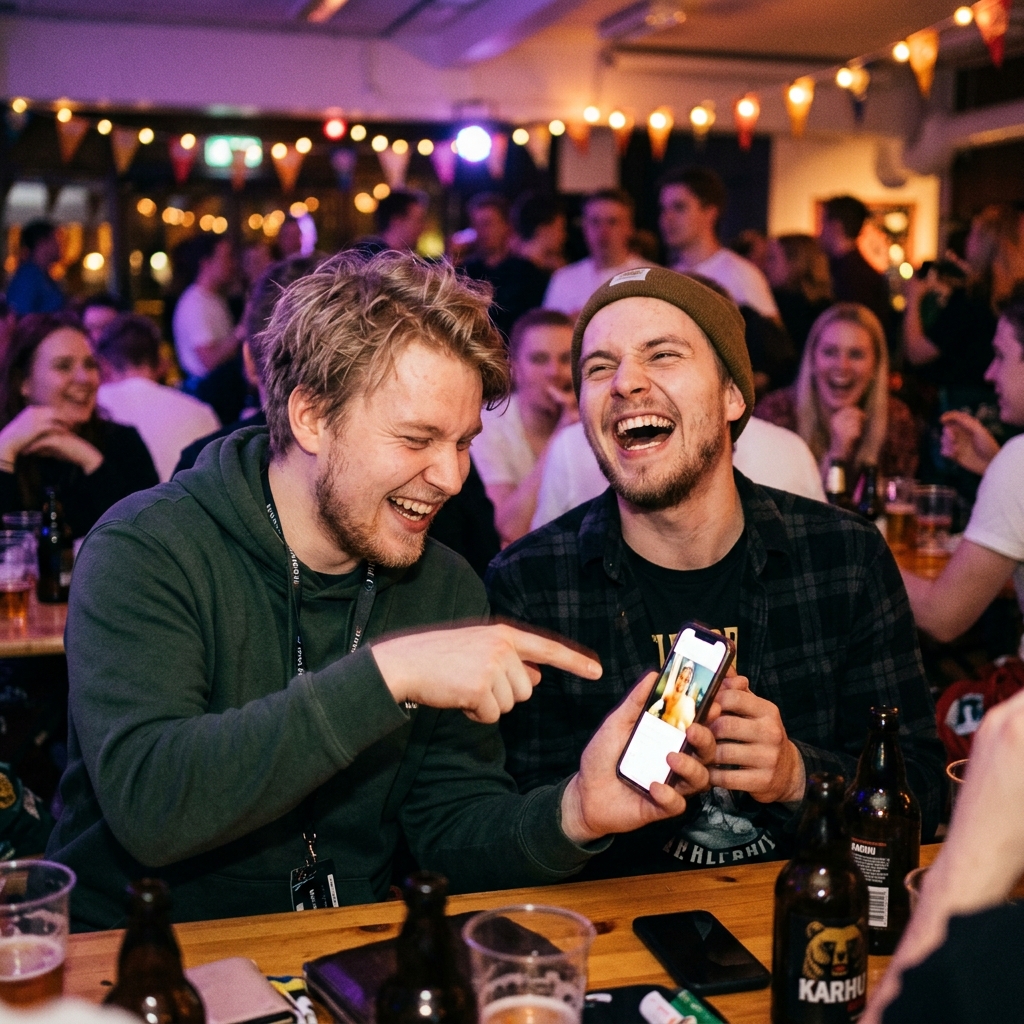 Kaverit nauravat yhdessä puhelimelle