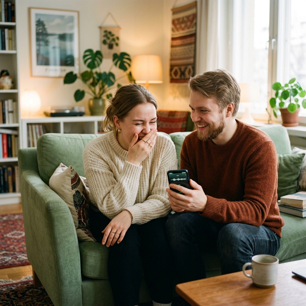 Pariskunta yllättyy ääniviestin kuullessaan